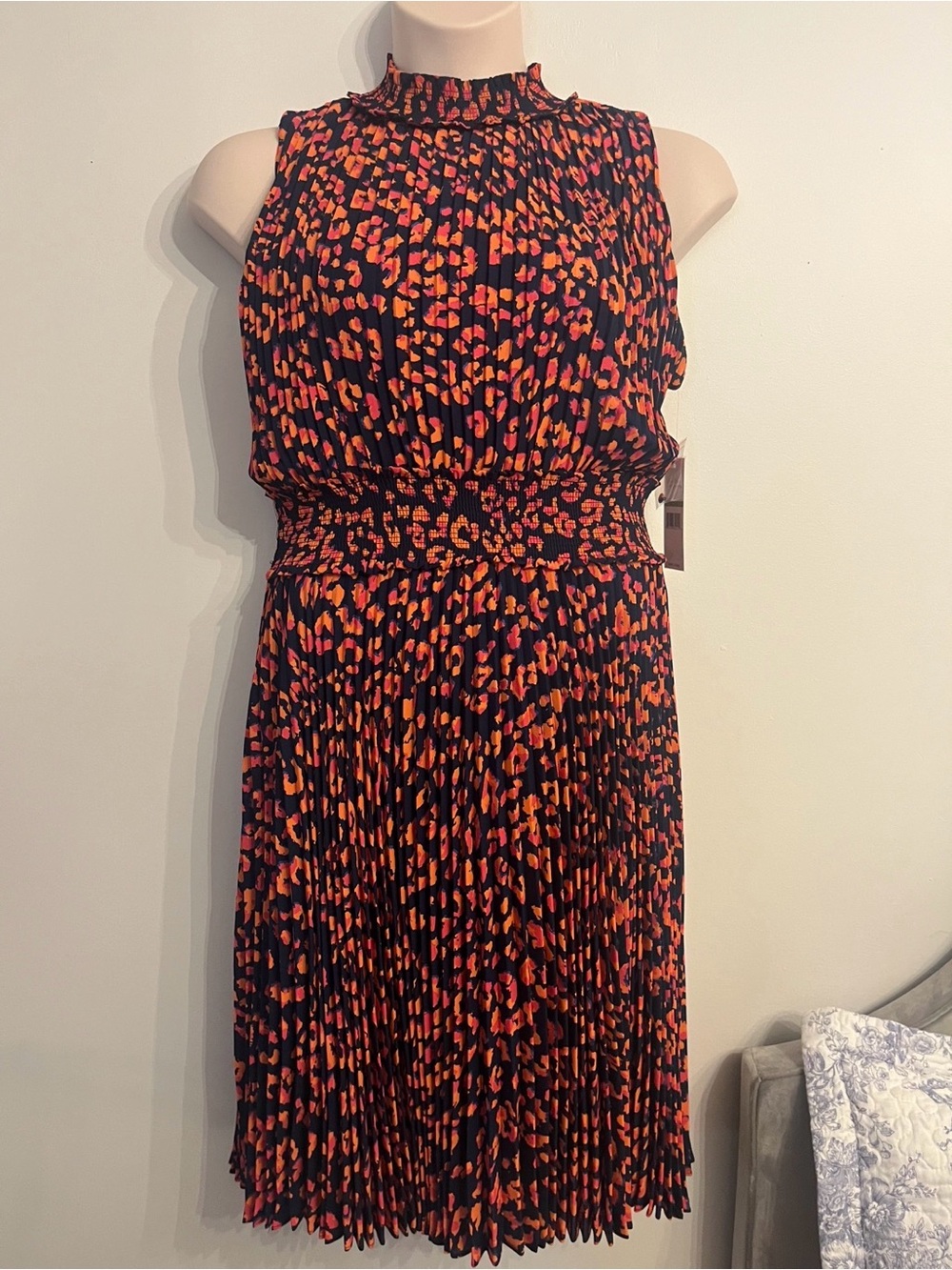 Nannette Navy Sleeveless Pleated Dress with Red & Orange Pattern